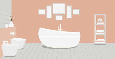 Fototapeta na wymiar Provencal style bathroom with fashionable bath,toilet, bidet, toilet paper,vase with snowdrops,a rack for towels and cosmetics, paintings on terracotta wall.Wooden planks on floor.Vector illustration