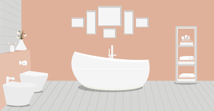 Provencal style bathroom with fashionable bath,toilet, bidet, toilet paper,vase with snowdrops,a rack for towels and cosmetics, paintings on terracotta wall.Wooden planks on floor.Vector illustration