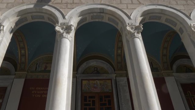 Slider and lifting shot of facade of Church St. Irene, Athens, Greece, Europe