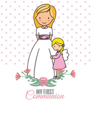 My first communion. Girl and angel. Space for text