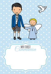 My first communion. Boy and angel. Space for text