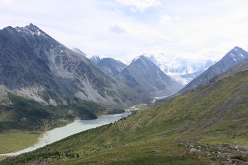 Fototapeta na wymiar View of Belukha Mount and Lake Akkem from the Kara-Turek Pass, Altai Mountains, Russia