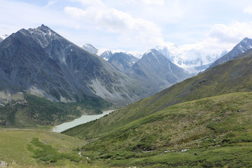 Fototapeta na wymiar View of Belukha Mount and Lake Akkem from the Kara-Turek Pass, Altai Mountains, Russia
