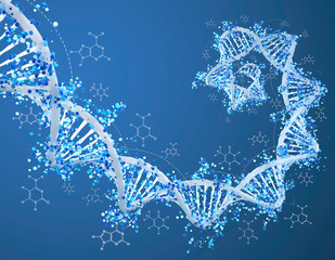 Digital 3D DNA helix with particles and molecules background - Innovation, modern medicine, technology and human genome concept