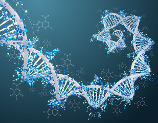 Digital 3D DNA helix with particles and molecules background - Innovation, modern medicine, technology and human genome concept - obrazy, fototapety, plakaty
