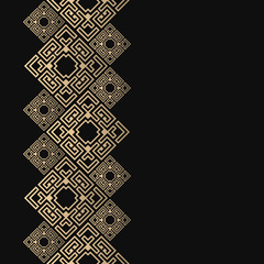 Vector geometric frame in greek style. Seamless border for design. Black and golden background with meander ornament. Greece pattern.