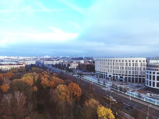 Drone photo of Yanky Kupaly park in Minsk, Belarus in early autumn 