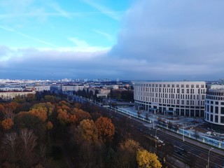 Drone photo of Yanky Kupaly park in Minsk, Belarus in early autumn 