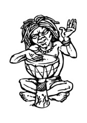 Australian aboriginal native sitting and playing on drum, black and white clipart