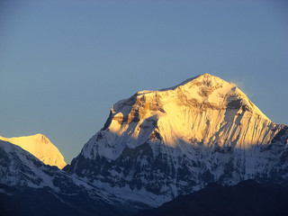 Annapurna mountain peaks in sunrise light. Snowy white peak. Trekking route to Annapurna - Nepal, Himalaya.