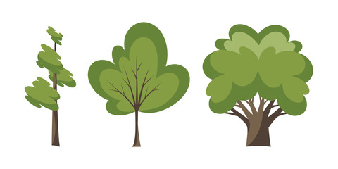 Thin and thick trees. Decorative trees icon set. Flat trees in a flat design. Isolated on white. Vector icons.