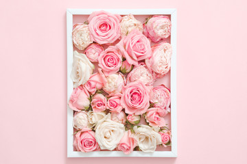 Womens day greeting card. Assorted roses arranged in white frame. Pink background.