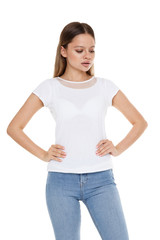 Obraz premium The girl is strictly looking down put his hands on the waist
