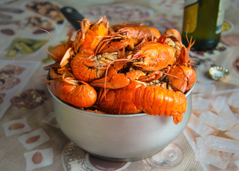 many red cooked appetizing crayfish in the scoop on the table