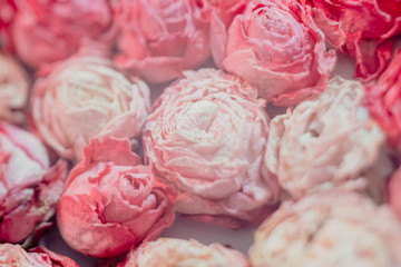 Flower composition. Assorted dry roses close up. Selective focus floral background.