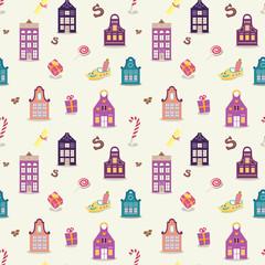 Seamless St Nicholas day pattern with cute colored holland traditional houses and shoes and candies.