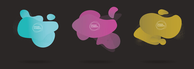 Abstract colored bright liquid shape
on black background. Fluid design. Isolated gradient waves with geometric lines, dots. Vector illustration.