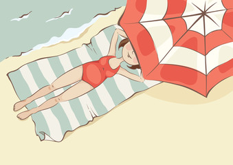 Girl on the beach / The girl in a red bathing suit sunbathing, top view. Funny vector illustration.