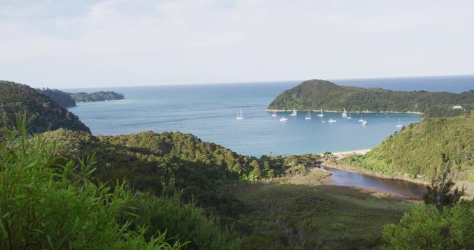 New Zealand Travel Vacation Beach Destination Abel Tasman National Park. Nature Landscape view of the Anchorage from Abel Tasman Coast Track, South Island, New Zealand. RED EPIC SLOW MOTION.