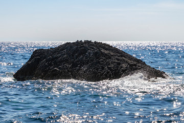 A piece of volcanic rock sticking out of the sparkling sea water off the coast of Zakynthos, Greece