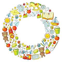Kindergarten with toys. Pattern for children. Little preschool kids education. Drawing, learning, play