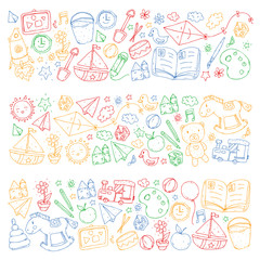 Kindergarten with toys. Pattern for children. Little preschool kids education. Drawing, learning, play