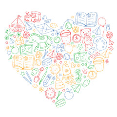 Kindergarten with toys. Pattern for children. Little preschool kids education. Drawing, learning, play