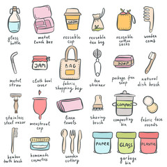 Set of hand drawn elements of zero waste life