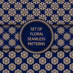 Floral seamless patterns compilation. Golden designs on dark blue backgrounds