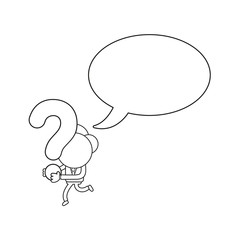 Vector businessman character running and carrying question mark with blank speech bubble. Black outline.