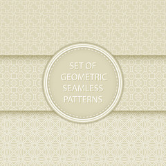 Compilation of geometric seamless patterns. White designs on olive green background