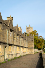Autumn sunshine on the picturesque row of almshouses in Chipping Campden, a Cotswolds travel destination, Gloucestershire,  UK
