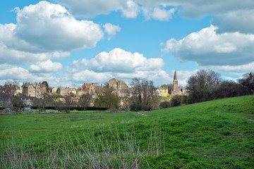 Fototapeta na wymiar View of the historic town of Malmesbury and its picturesque Abbey Church on the hill, Malmesbury, Wiltshire, UK