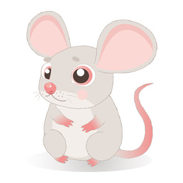 Lonely Gentle Mouse. Fancy Little Mice Vector Illustration. Cute Sitting Mouse In Cartoon Style. Grey Mice On A White Background.