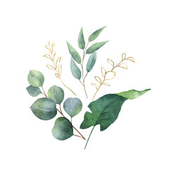 Watercolor vector green card tropical leaves and flowers isolated on white background.