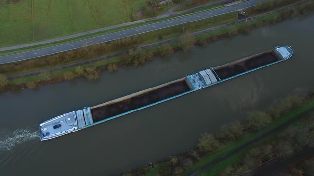 Aerial view of a cargo vessel on Saar River near Serrig, Saar Valley, Rhineland-Palatinate, Germany, Europe