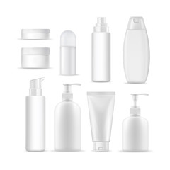 Set of plastic container for cosmetic product. Realistic vector mockup.