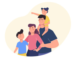 Happy family portrait. Family members standing together. Mother, father and children.Vector illustration of a cartoon style