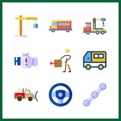 Fototapeta na wymiar 9 truck icon. Vector illustration truck set. snowplow and engine icons for truck works