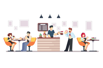 Obraz premium Cafe shop and people relaxing. Modern place interior to meet, drink and eat, chat, have a rest, enjoy free time, barista makes and serves coffee for public. Vector flat style cartoon illustration