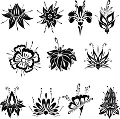 Obraz premium Abstract silhouette of blossom flower vector pack. Ornamental floral concept. Black flourish plant with petals and stamens.