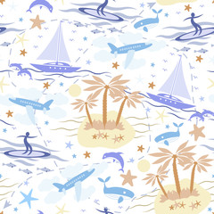 Beautiful seamless pattern with tropical islands, palm trees, yachts, surfers and airplanes, as well as whales, dolphins and starfish