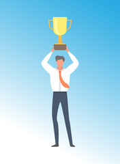 Businessman achieving business excellence, man win first prize golden trophy cup, cartoon character in white shirt. Leader got triumph, vector person