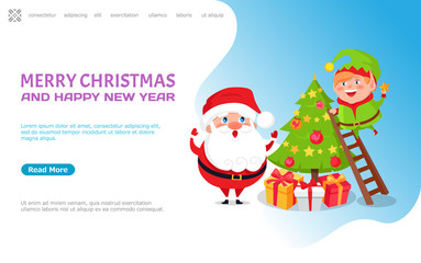 Merry Christmas and happy New Year greeting card,Xmas tree and Santa. Vector huge spruce decorated by toys. Father Frost and joyful Elf on holiday eve