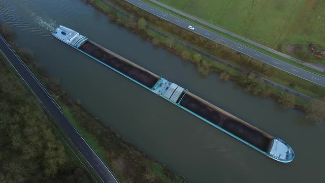Aerial view of a cargo vessel on Saar River near Serrig, Saar Valley, Rhineland-Palatinate, Germany, Europe