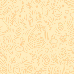 Easter holiday seamless pattern with eggs, rabbits and other elements. Linear style vector illustration. Suitable for wallpaper, wrapping or textile