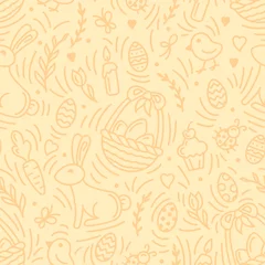Foto op Plexiglas Easter holiday seamless pattern with eggs, rabbits and other elements. Linear style vector illustration. Suitable for wallpaper, wrapping or textile © medava