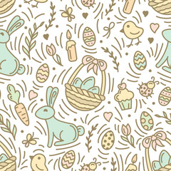 Easter holiday seamless pattern with eggs, rabbits and other elements. Suitable for wallpaper, wrapping or textile