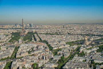 Morning aerial view of the famous Eiffel Tower and downtown citypscape
