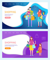 Shopping family carrying bags, returning home vector. Father and mother, kid sitting on daddys neck, daughter walking with lady, shoppers customers